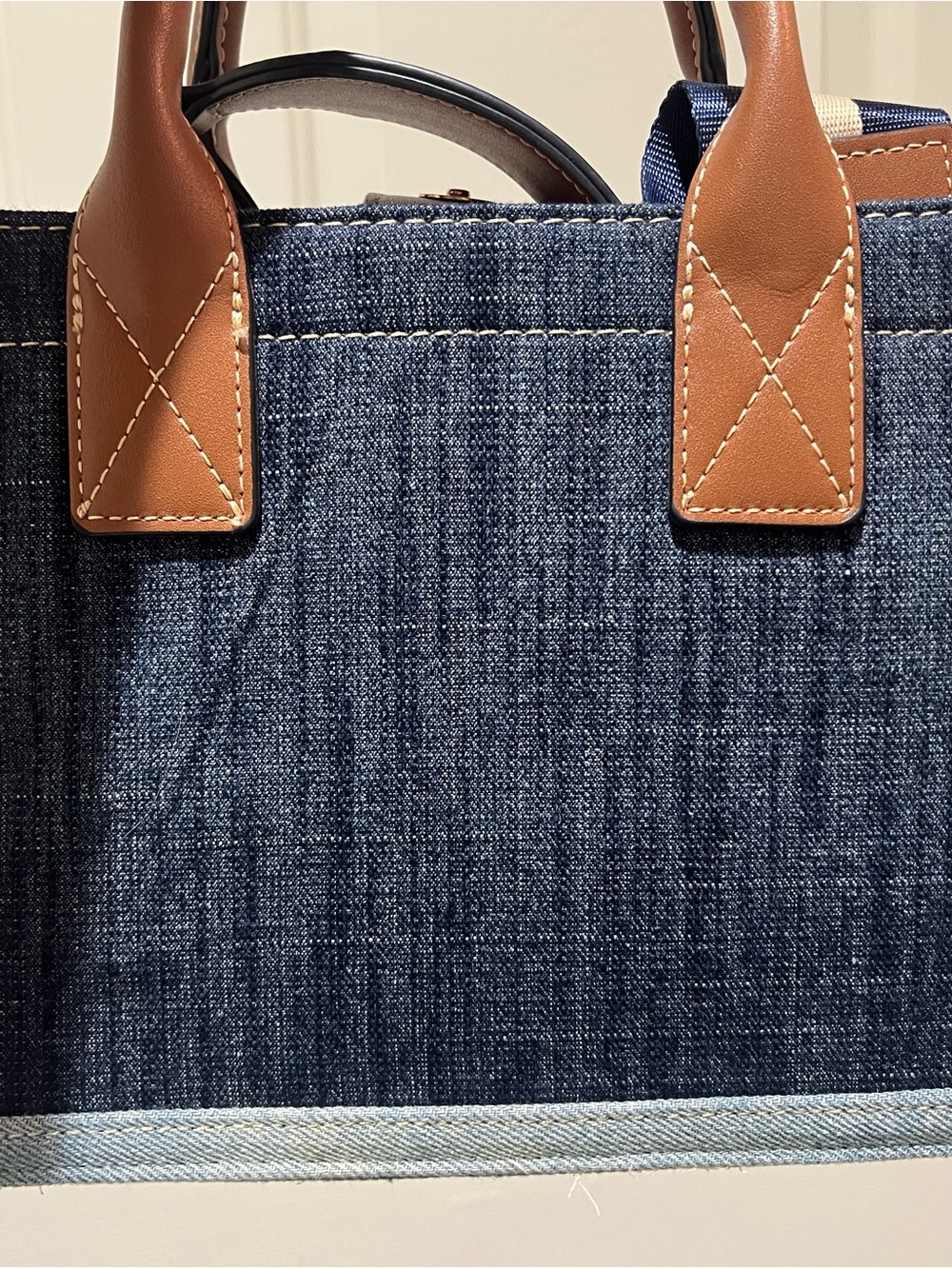True Religion Denim Tote with Brown Leather Handles and Gold Hardware - Picture 2 of 4